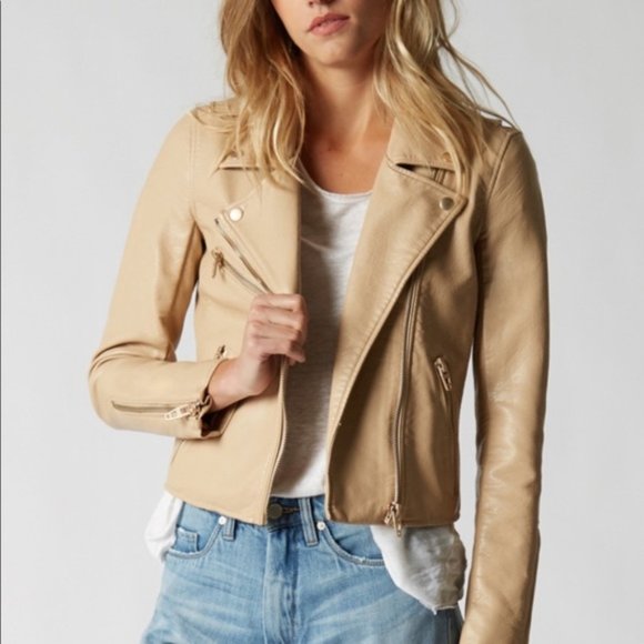 Blank NYC Tan Moto Leather Jacket Asymmetrical Zipper Notched Lapels - Picture 1 of 4